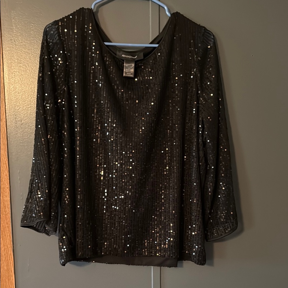 Ashley Stewart Black Sequin Blouse with 3/4 Sleeves